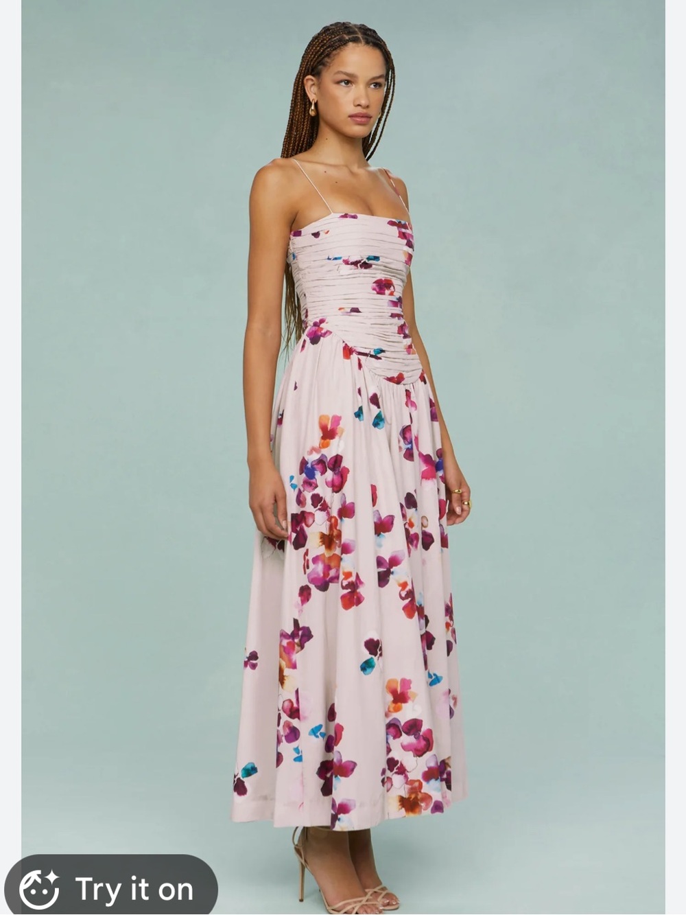 AMUR Pink Floral Ruched Bodice Midi Dress